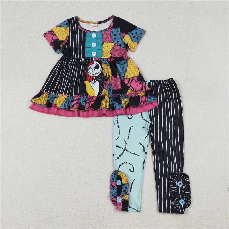 10.17 RTS NO MOQ (In stock) Matching Halloween GSPO2056 Baby Girls Cartoon Ghost Tunic Stripes Leggings Halloween Sets
