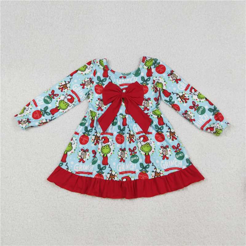 11.29 RTS NO MOQ (In stock)Matching Christmas GLD1269 Baby Girls Christmas Green Face Bows Holly Big Bow Knee Length Dresses