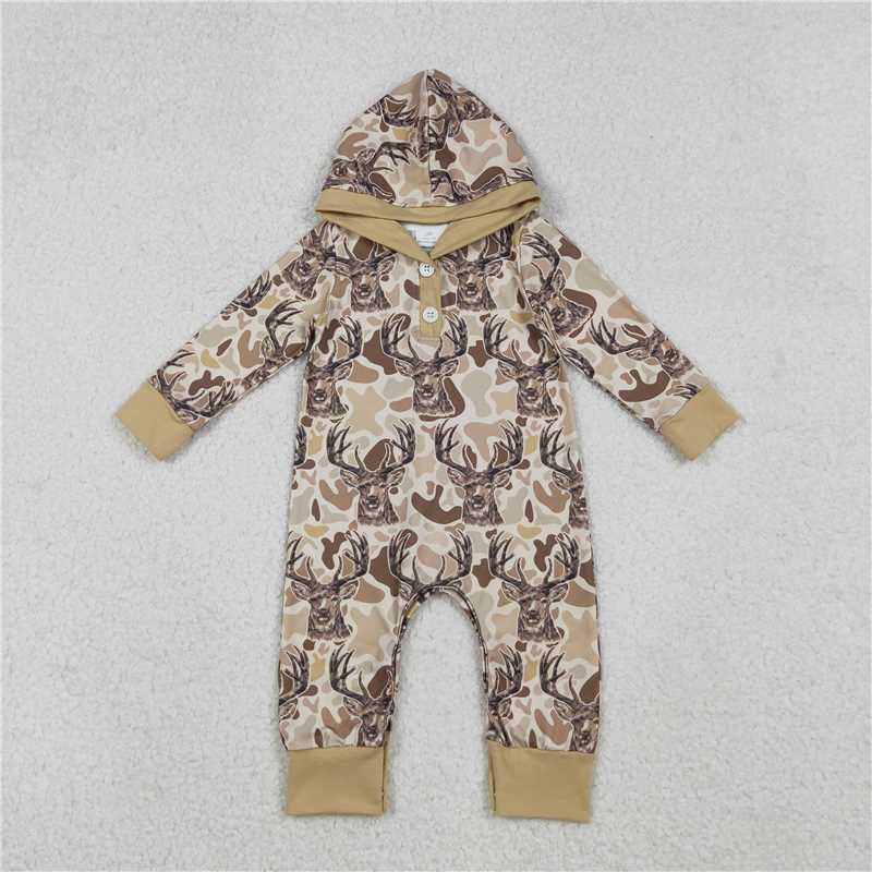 10.30 RTS NO MOQ (In stock)Matching LR2593 Baby Boys Khaki Camo Deer Button Hoodie Hunting Rompers