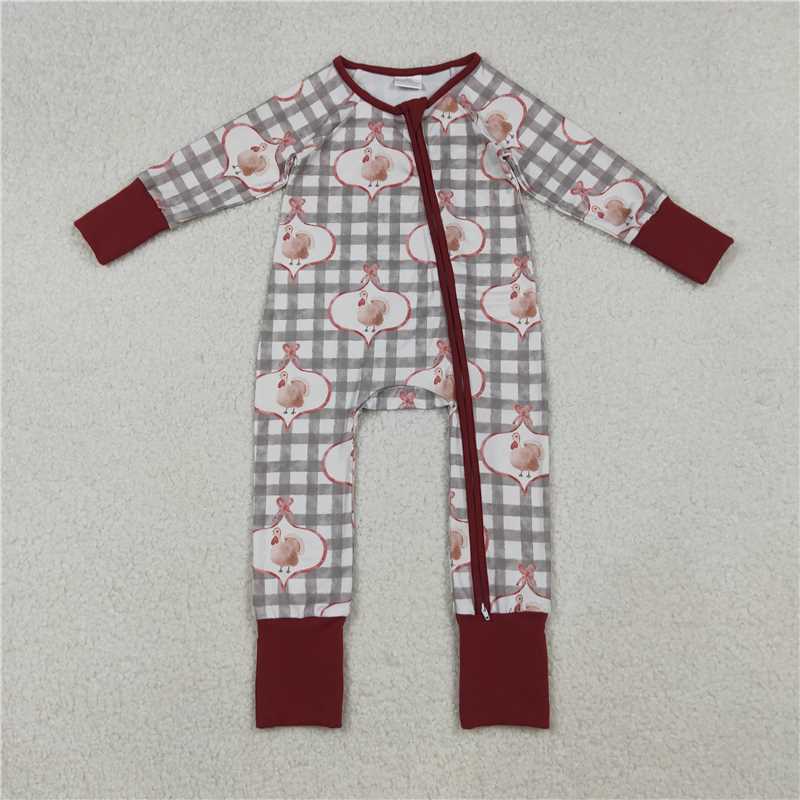 10.16 RTS NO MOQ (In stock) Matching thanksgiving LR2691 Baby Boys Turkey Checked Thanksgiving Zipper Footie Rompers
