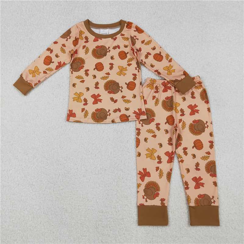 10.27 RTS NO MOQ (In stock) Matching Thanksgiving GLP2883 Baby Girls Turkey Pumpkins Top Pant Thanksgiving Pajamas Sets