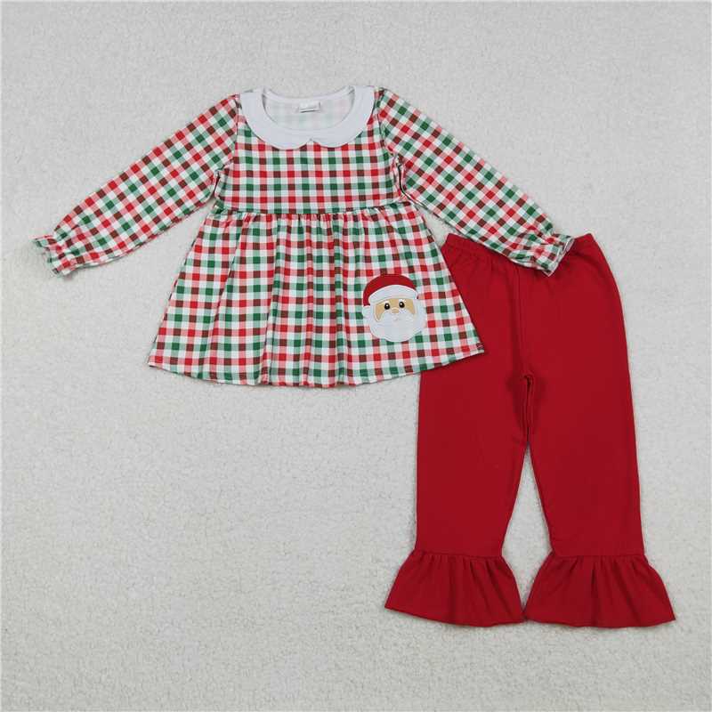 10.28 RTS NO MOQ (In stock)Matching Christmas GLP2530 Embroidery Santa Baby Girls Green Red Checked Tunic Ruffle Pant Christmas Clothes Set