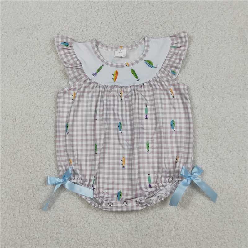 12.26 RTS NO MOQ (In stock)Matching SR3395 Embroidery Fishing Baby Girls Flutter Sleeve Checked Hunting Rompers