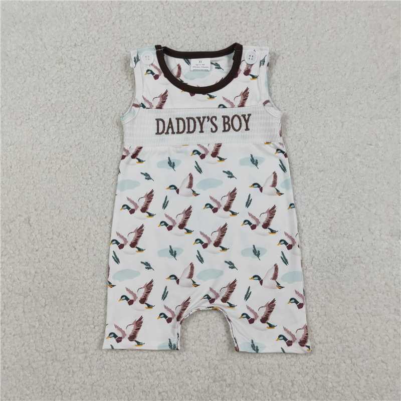 USA Warehouse (IN STOCK) SR3347 Smocked Daddy's Boy Baby Sleeveless Ducks Hunting Short Rompers