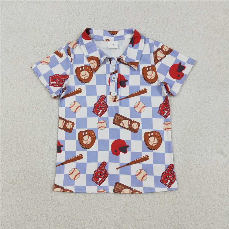 1.13 RTS NO MOQ (In stock)Matching BT1577 Baby Boys Blue Checked Baseballs Team Button Polo Shirts Top