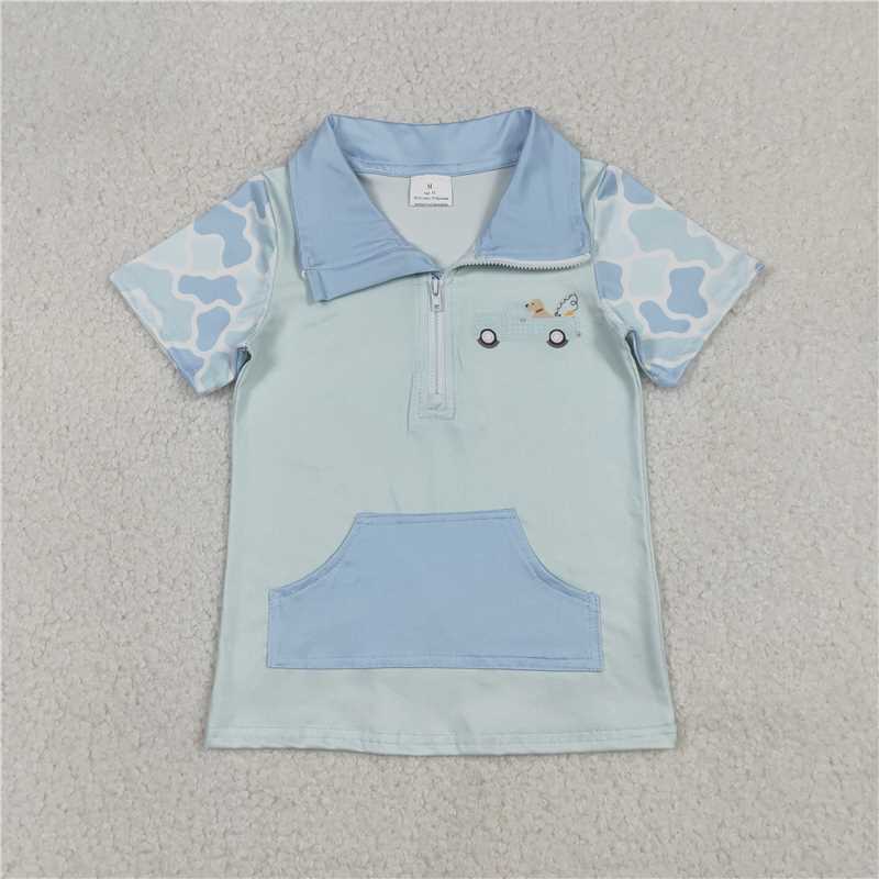 1.13 RTS NO MOQ (In stock)Matching BT1534 Baby Boys Blue Camo Dog Fishing Zipper Pockets Hunting Pullovers Top
