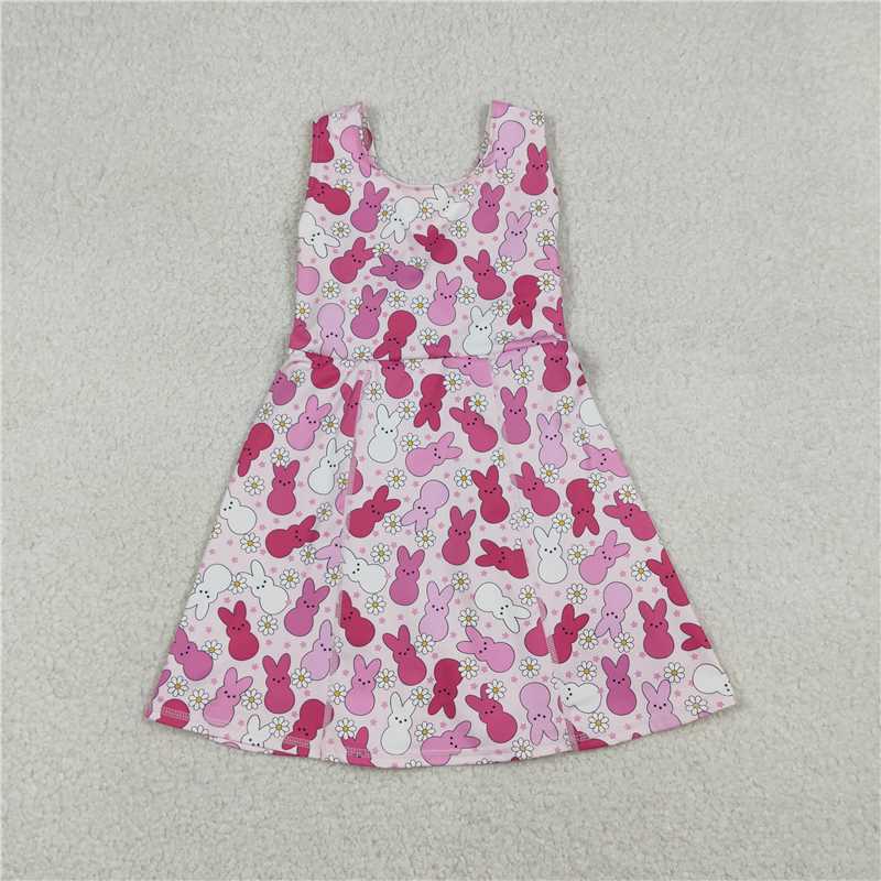 12.23 RTS NO MOQ (In stock)GSD3053 Baby Girls Sleeveless Pink Rabbits Daisy Easter Yoga Shorts Knee Length Dresses