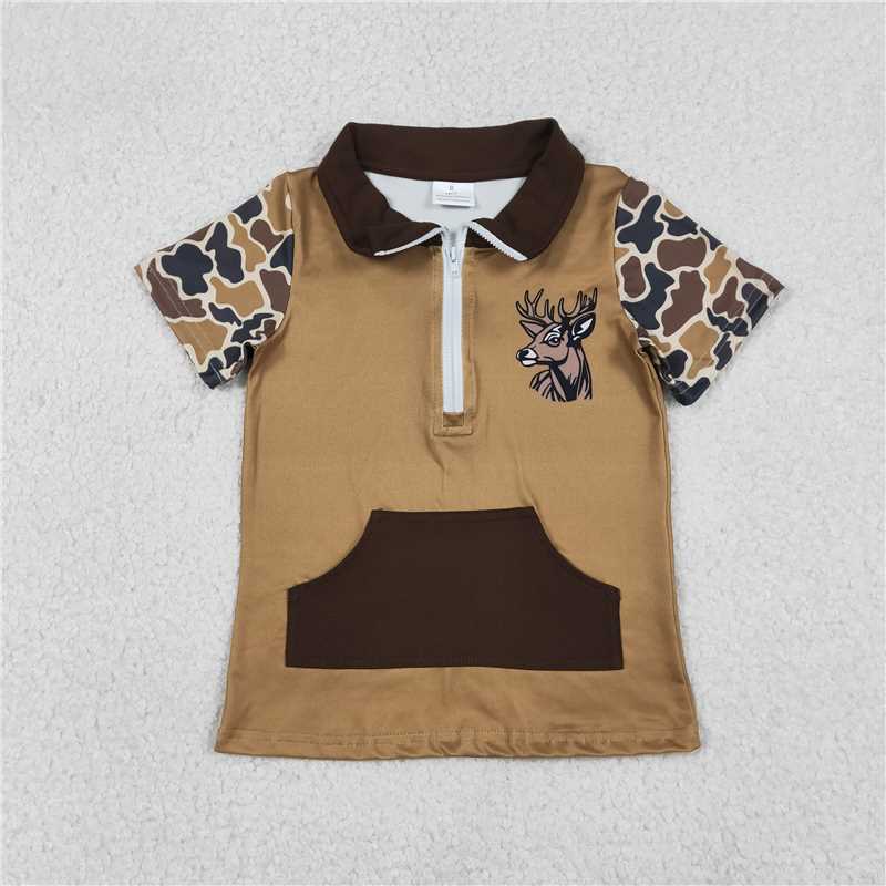 1.13 RTS NO MOQ (In stock)Matching BT1531 Baby Boys Brown Camo Deer Zipper Pockets Hunting Pullovers Top