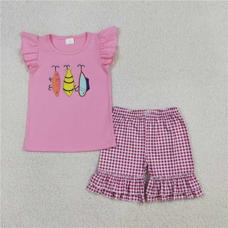 12.26 RTS NO MOQ (In stock)Matching GSSO2795 Embroidery Fishing Baby Girls Shirt Checked Ruffle Shorts Hunting Clothes Sets
