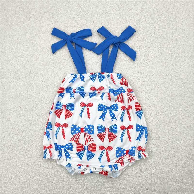 1.5 RTS NO MOQ (In stock)SR2902 4th of July Baby Infant Girls Blue Strap Red Bows Stars 4th Of July Rompers