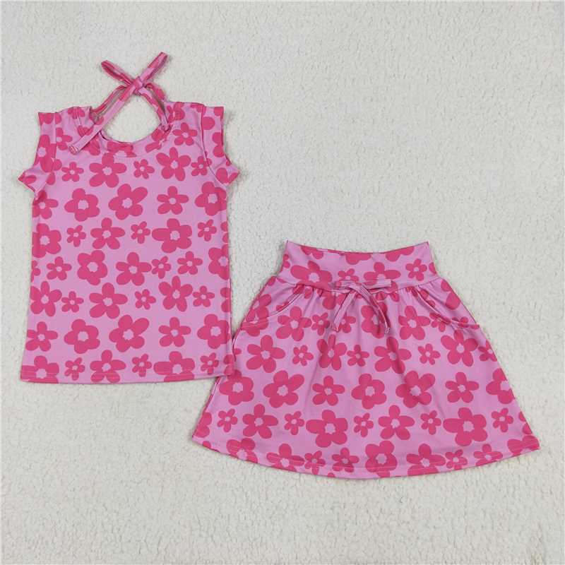 12.15 RTS NO MOQ (In stock)Matching GSD2583 Baby Girls Sleeveless Hot Pink Flowers Top Pockets Short Skirts Sets