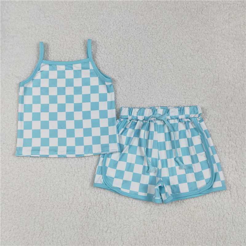 12.15 RTS NO MOQ (In stock)Matching GSSO2332 Baby Girls Blue Strap Plaid Top Short Sport Sets