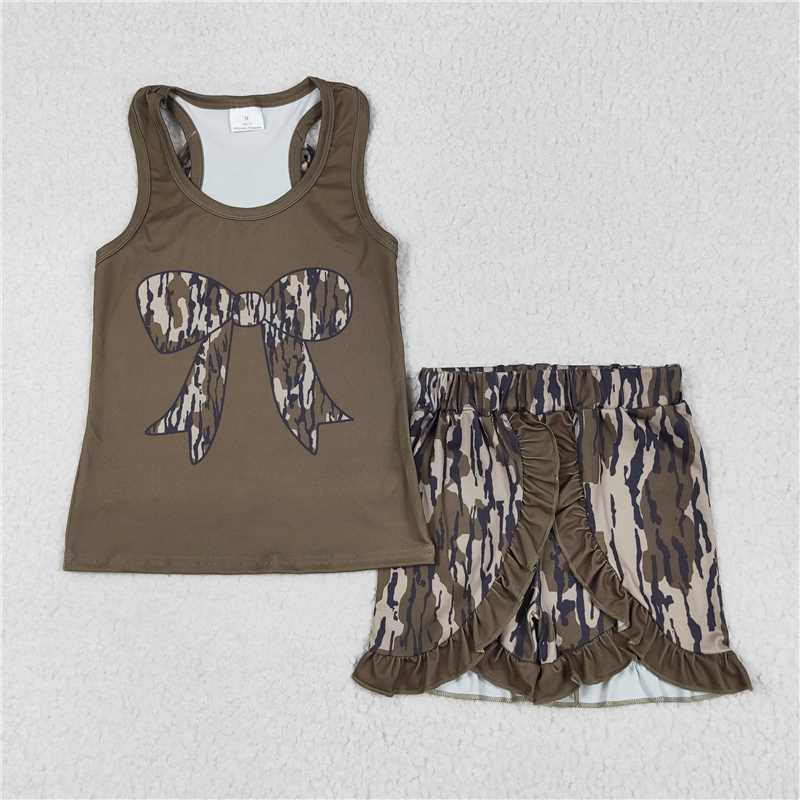 12.15 RTS NO MOQ (In stock)Matching GSSO1627 Baby Girls Dark Green Bows Vest Ruffle Bottomland Camo Shorts Clothes Sets