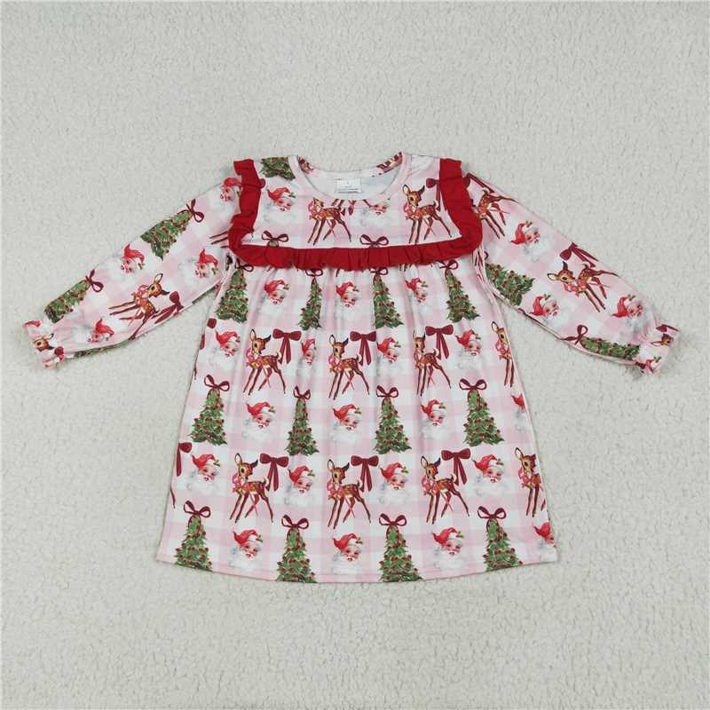 10.21 RTS NO MOQ (In stock) Matching Christmas GLD1092 Baby Girls Christmas Santa Trees Bib Knee Length Dresses