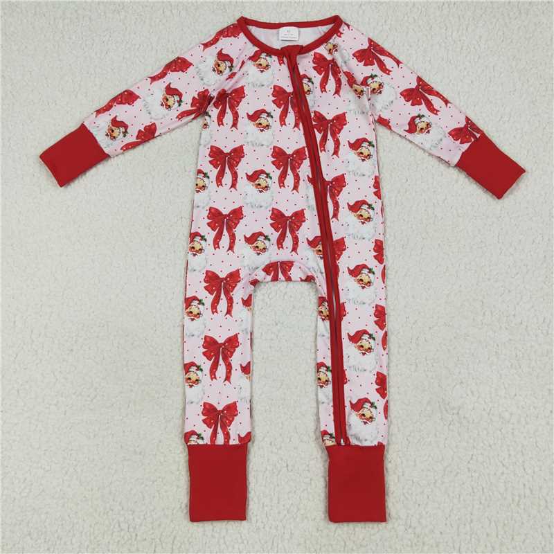 11.28 RTS NO MOQ (In stock)LR2223 Baby Girls Christmas Red Santa Bows Footie Zipper Rompers