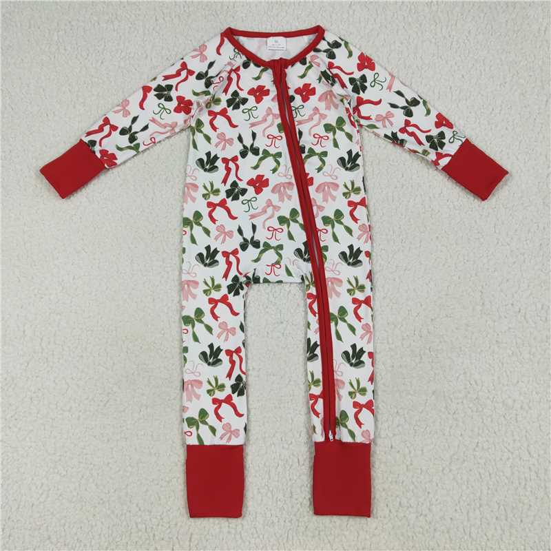 11.28 RTS NO MOQ (In stock)LR2203 Baby Girls Christmas Red Green Bows Zipper Footie Rompers