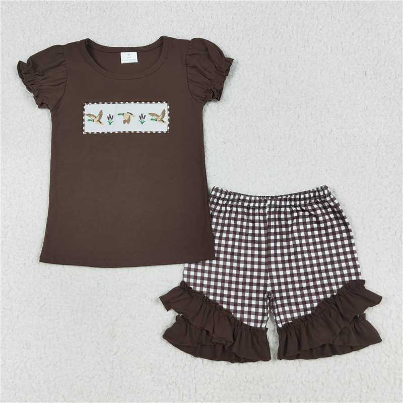 12.16 RTS NO MOQ (In stock)Matching GSSO2672 Embroidery Baby Girls Brown Short Ruffle Sleeves Ducks Top Short Sets