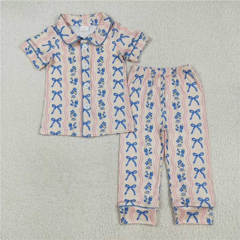 10.17 RTS NO MOQ (In stock) Matching GSPO2050 Baby Girls Short Sleeves Blue Bows Flower Stripe Top Pants Pajamas Sets
