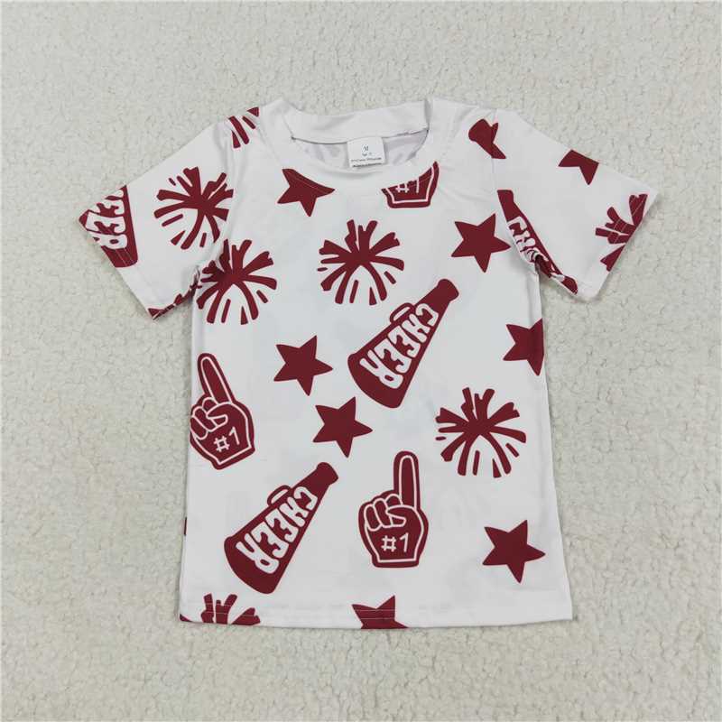 11.15 RTS NO MOQ (In stock)Matching GT1093 Baby Girls Short Sleeves Dark Red Cheer Stars Team Tee Shirts Tops