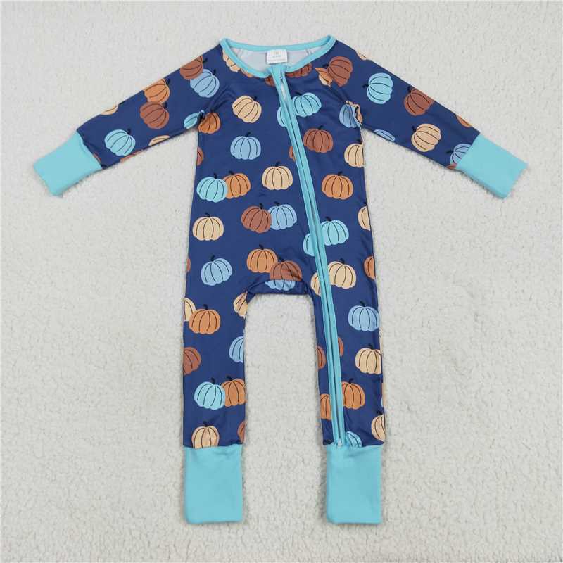 11.4 RTS NO MOQ (In stock)Matching LR2364 Baby Girls Long Sleeves Colorful Pumpkins Zipper Pant Rompers