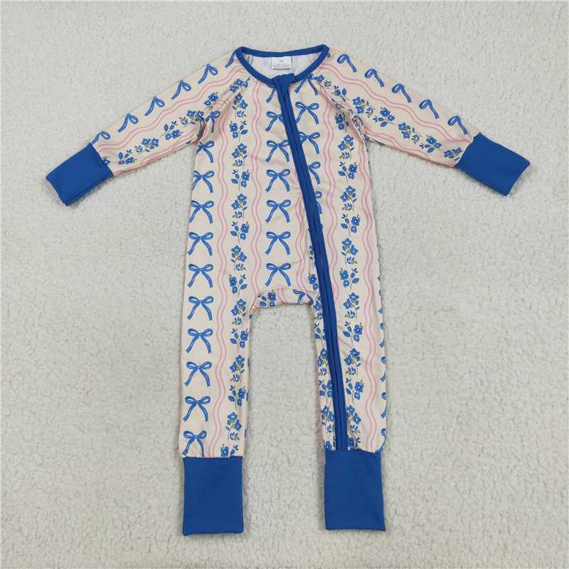 10.17 RTS NO MOQ (In stock) Matching LR2327 Baby Girls Long Sleeves Blue Bows Flowers Stripe Zipper Pant Rompers
