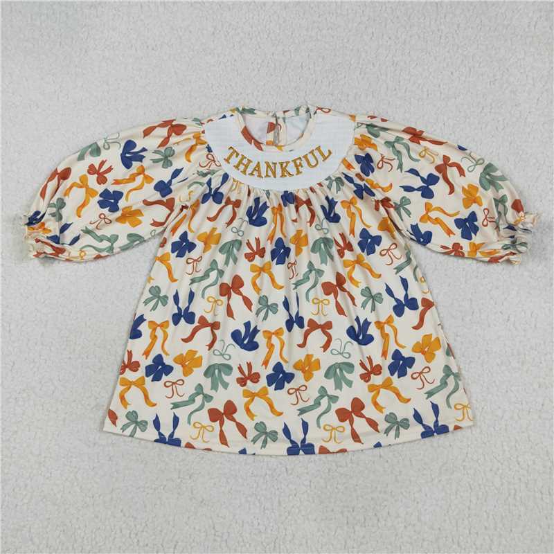 11.21 RTS NO MOQ (In stock)Matching Thanksgiving GLD1086Smocked Embroidery Baby Girls Thanksgiving Thankful Colorful Bows Knee Length Dresses