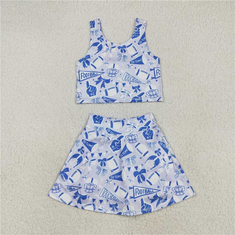 10.18 RTS NO MOQ (In stock)Matching GSD2688 Baby Girls Team Blue Football Bows Vest Top Short Skirts Yoga Sets