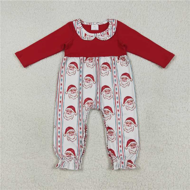 11.27 RTS NO MOQ (In stock)LR2331 Baby Girls Red Christmas Santa Stripe Ruffle Pant Rompers