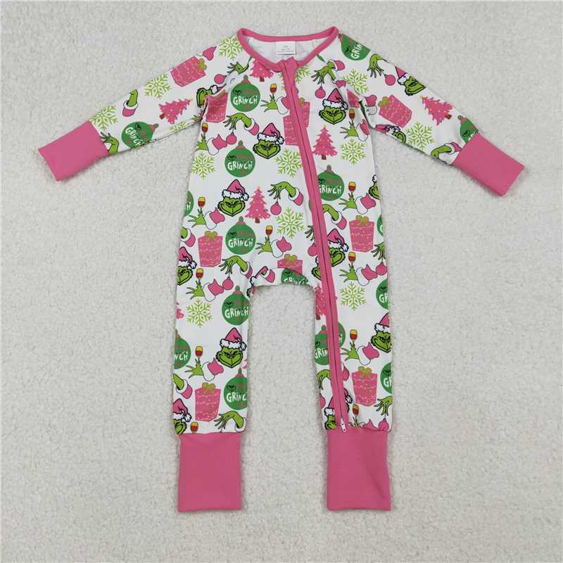 11.27 RTS NO MOQ (In stock)LR2588 Baby Girls Green Face Gifts Christmas Zipper Footie Rompers