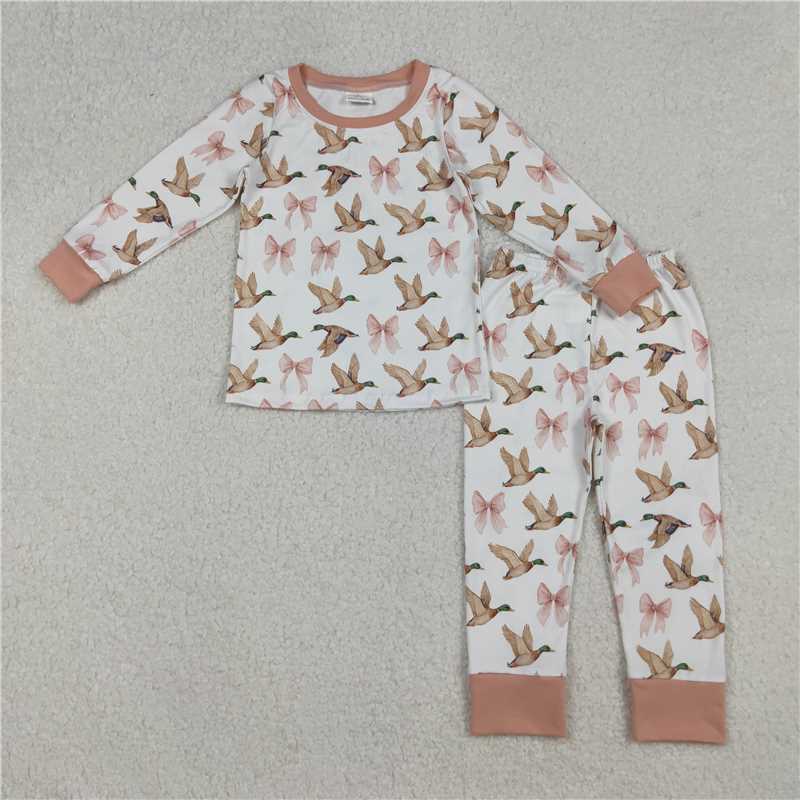 11.6 RTS NO MOQ (In stock)Matching GLP2687 Baby Girls Ducks Bows Plaid Top Pants Pajamas Set