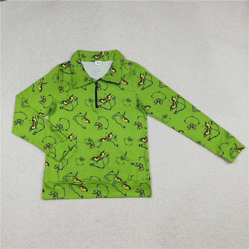 11.7 RTS NO MOQ (In stock)Matching Christmas GT1173 Adult Women Green Face Plaid Pocket Zipper Christmas Pullover Top