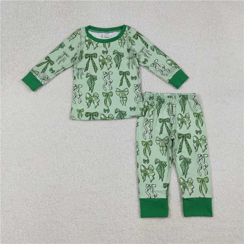 11.6 RTS NO MOQ (In stock)Matching GLP2840 Baby Girls Green Clovers Leopard Bows Top Pants St Patrick Pajamas Sets