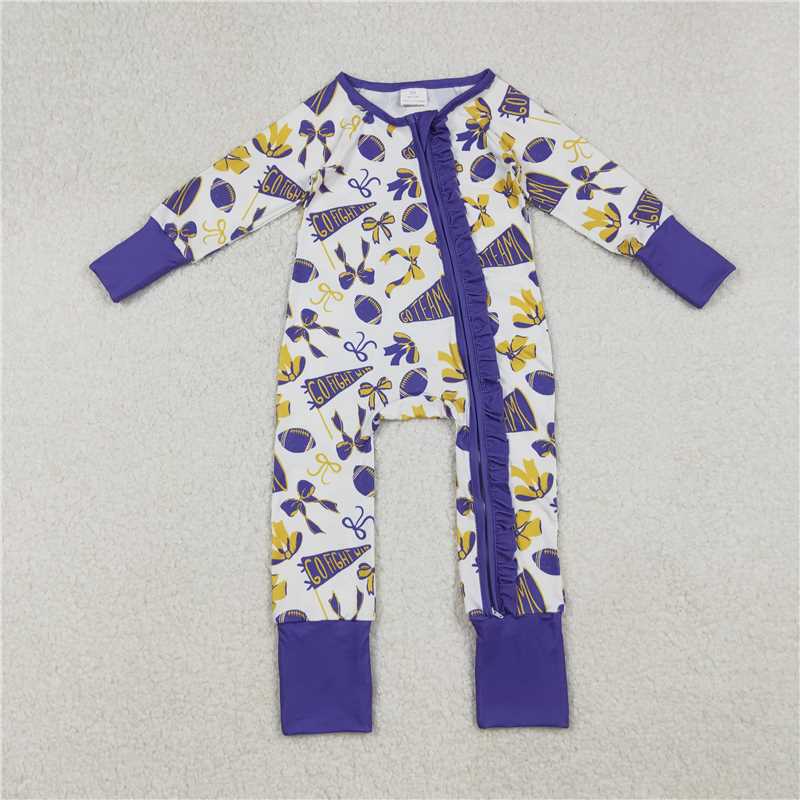 10.18 RTS NO MOQ (In stock) Matching LR2513 Baby Girls Team Purple Bows Footballs Ruffle Zipper Footie Rompers