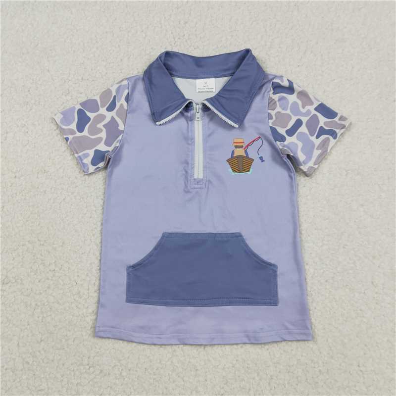 1.13 RTS NO MOQ (In stock)Matching BT1533 Baby Boys Blue Camo Short Sleeve Fishing Zipper Pockets Hunting Pullovers Top