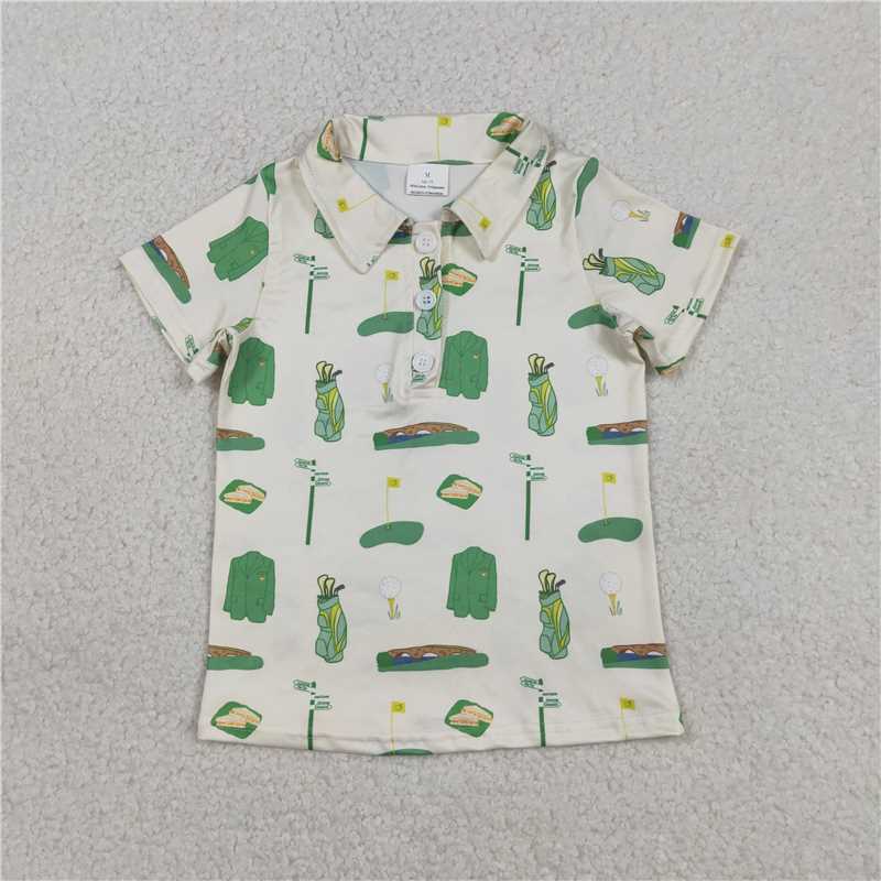 1.13 RTS NO MOQ (In stock)Matching BT1583 Baby Boys Green Golf Balls Flags Team Button Polo Shirts Top
