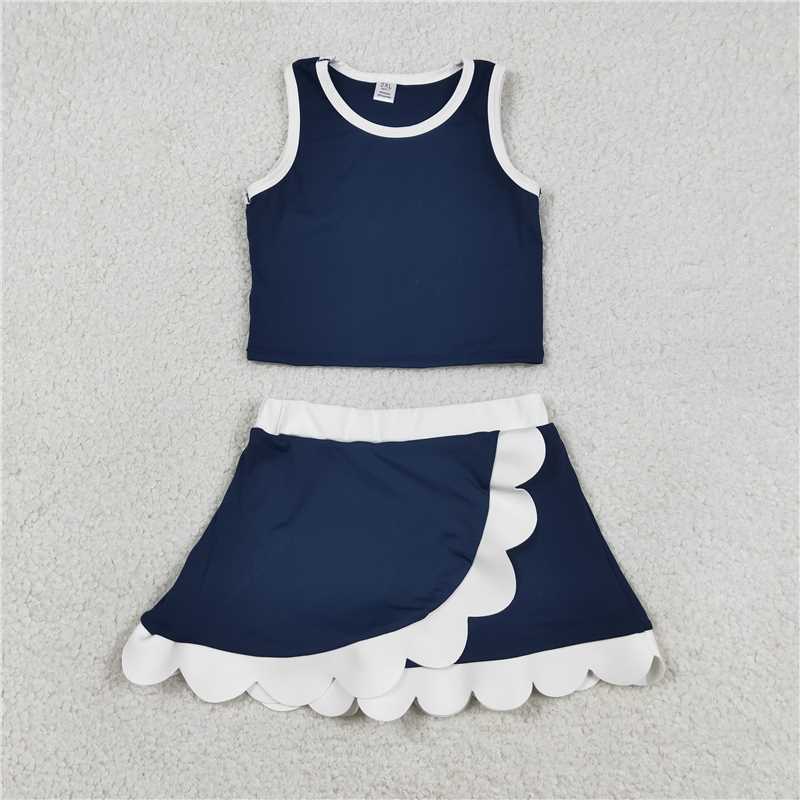 USA Warehouse (IN STOCK) GSD4024 Sleeveless navy white scallop girls team active wear set