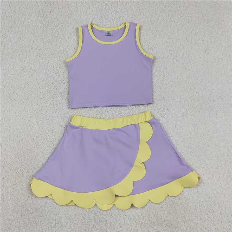 USA Warehouse (IN STOCK) GSD4011 Sleeveless lavender yellow scallop kids girls active wear set