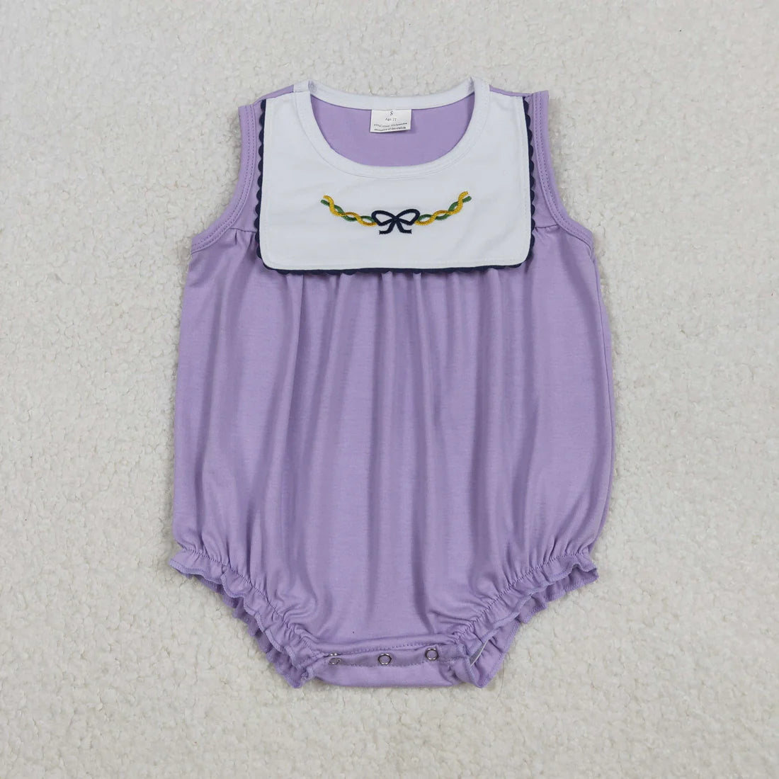 1.5 RTS Sibling Baby Girls Mardigras Lavender Embroidery Bows Knee Length Dress Ruffle Rompers