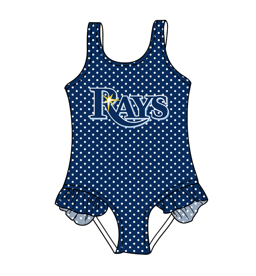 CUSTOM MOQ 5 Cute Comfortable Clothing For Kids Baby Girls Blue RAYS Polka Dots Ruffle Team One Piece Swimsuits