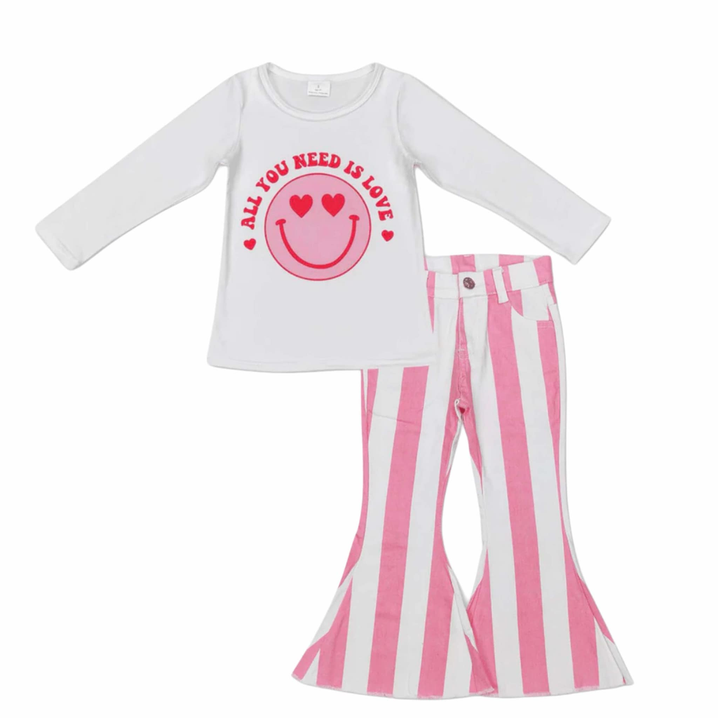 Baby Girls Pink Long Sleeve Valentines Tee Shirts Tops Bell Pants Clothes Sets