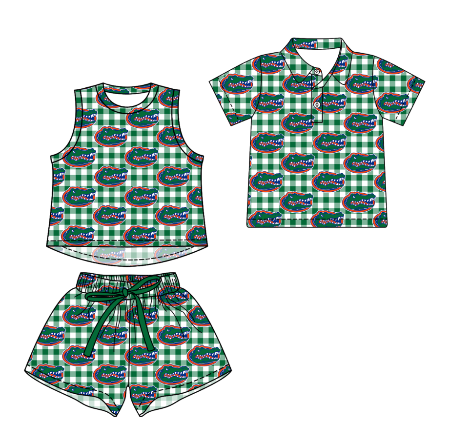 3.13 CUSTOM MOQ 5 Sibling Boys Baby Girls Summer Fashion Green Check Sleeveless Top Shorts Button Polo Shirts Team Clothes Sets