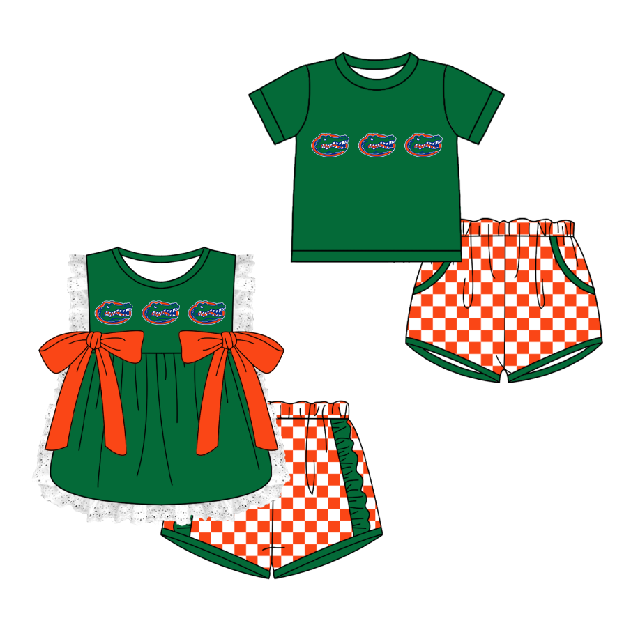 CUSTOM MOQ 5 Cute Comfortable Clothing For Kids Sibling Boys Baby Girls Summer Green Crocodile Top Checked Shorts Team Clothes Sets