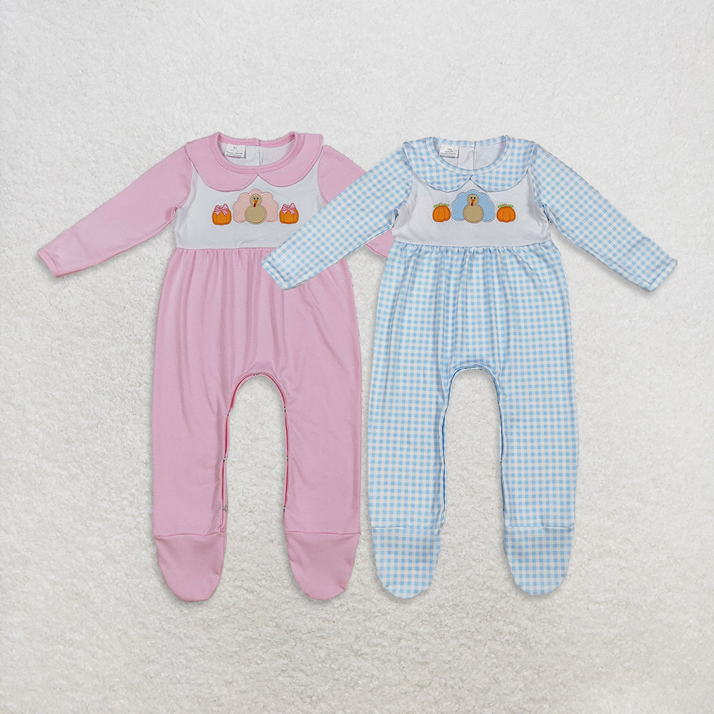 RTS Sibling Baby Girls Boys Thanksgiving Plaid Pumpkin Turkey Baby Footed Romper Baby Bodysuit for Holiday Outfit