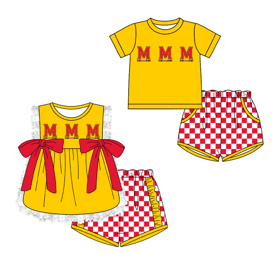 CUSTOM MOQ 5 Cute Kids Clothing Sibling Boys Baby Girls Summer Yellow M Bow Top Red Checked Shorts Team Clothes Sets