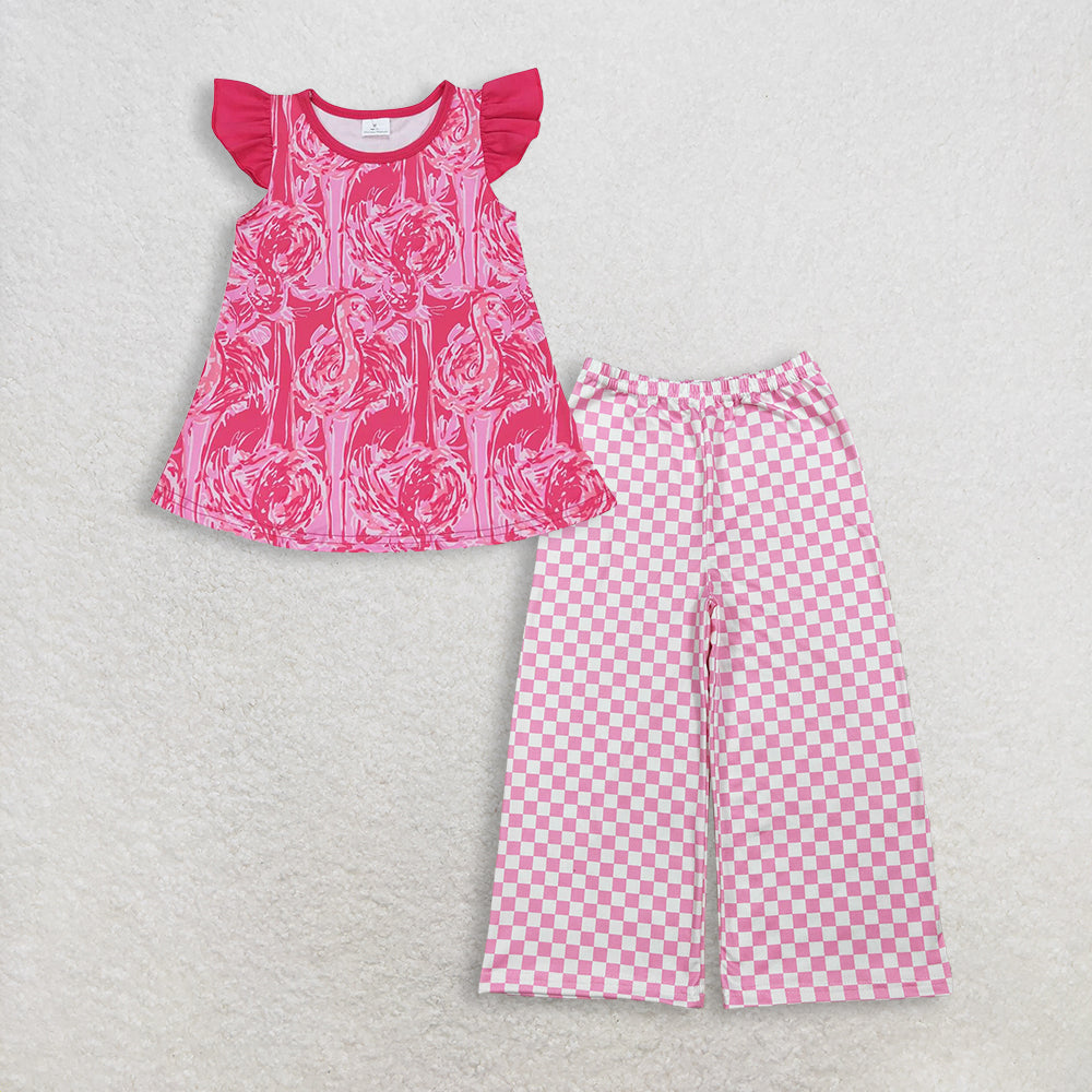 3.12 RTS NO MOQ (In stock)GT0565 + P1018 Baby Girls Pink Flutter Sleeve Tunic Tops Checked Flare Pants Bottom