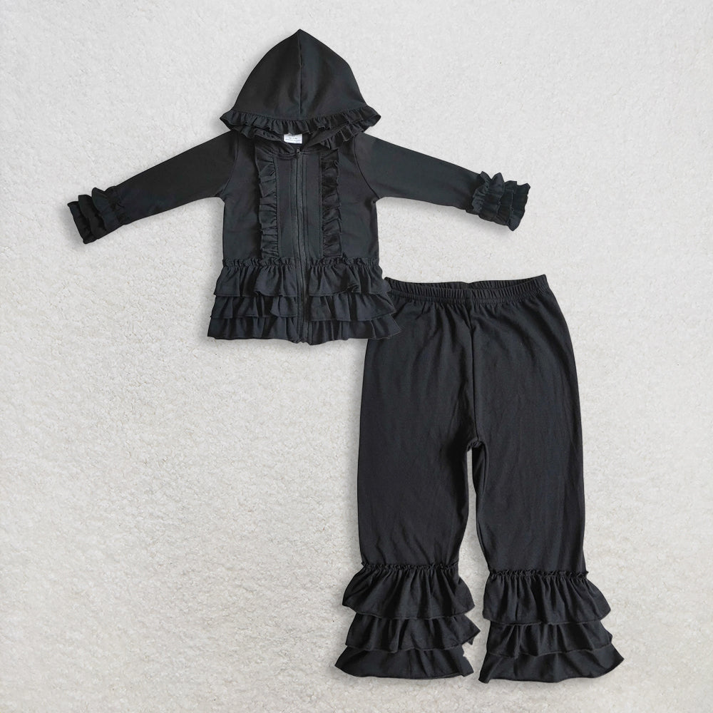 11.1 RTS NO MOQ (In stock)GT0016 + C6-12 Baby girls ruffle Black jackets cardigans cotton triple ruffle pants