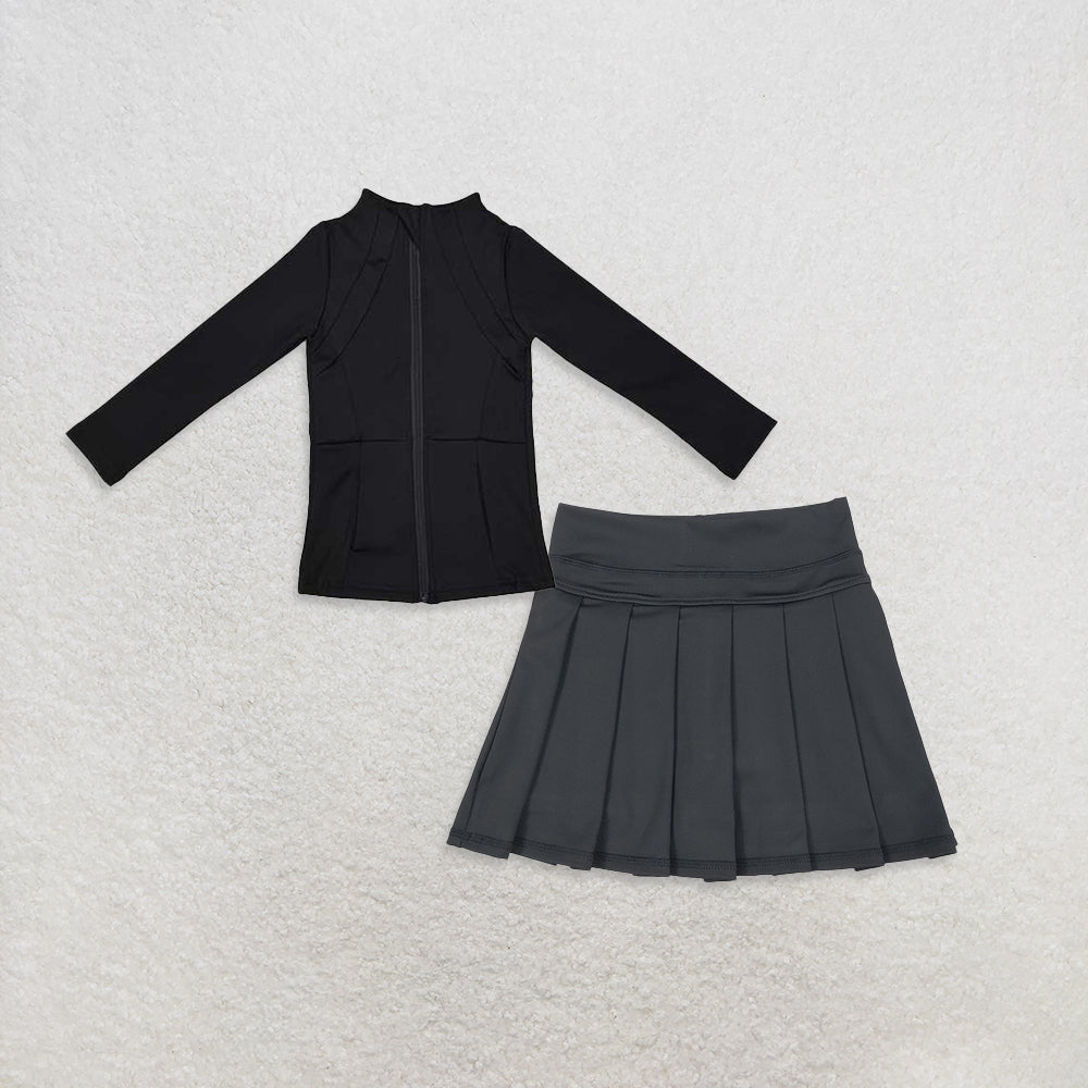 10.31 RTS NO MOQ (In stock)GT0685 + GLK0087 Baby Girls Black Zipper Pockets Jackets Skirt Shorts Yoga Active Clothes Sets(副本)