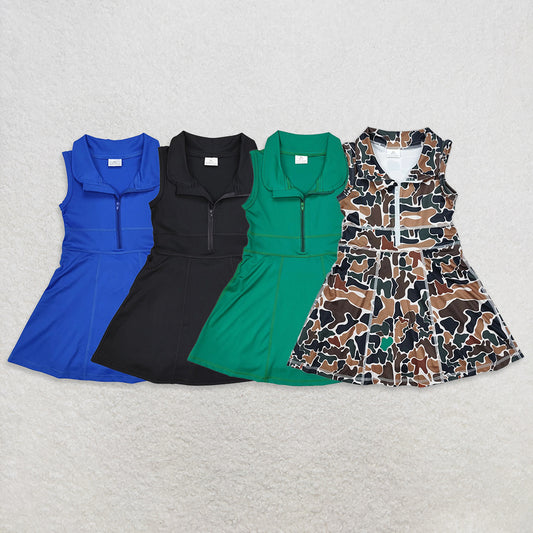 USA Warehouse (IN STOCK) Baby Girls Solid Color Sleeveless Zipper Athletic Dress with Shorts Brown Camo Lightweight Summer Outfit for Kids