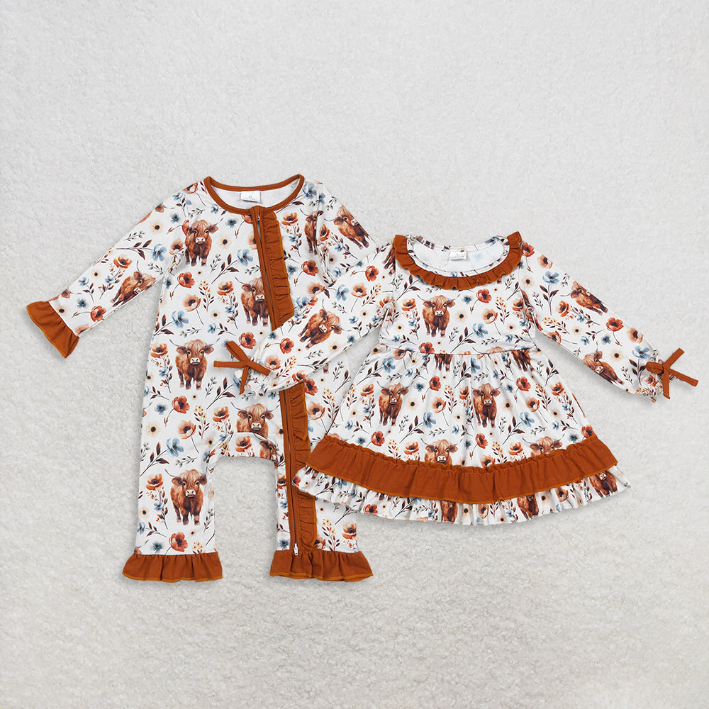 RTS Sibling Baby Girls Long Sleeve Floral Dress Rompers Brown Ruffle Highland Cow Print for Fall Season