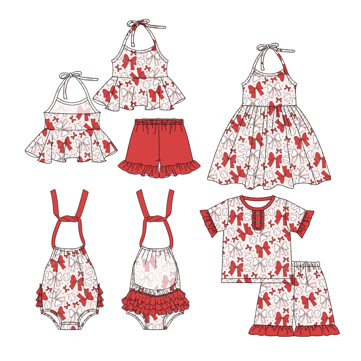 Kids Girls Short Sleeve Baseball Pajamas with Red Bow - Comfortable Sleepwear for Children